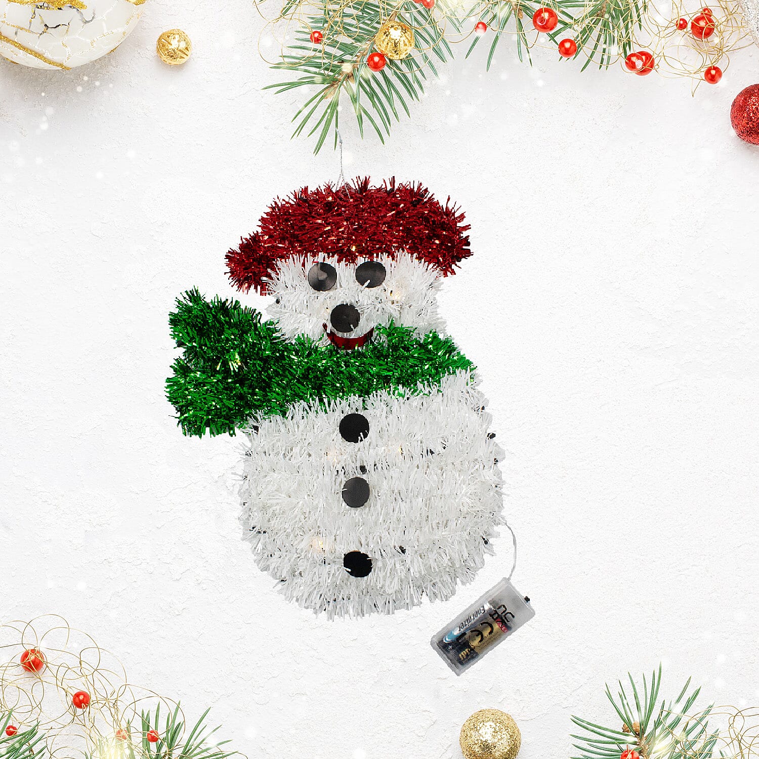 Light Up Tinsel Snowman (Battery Operated) - Red