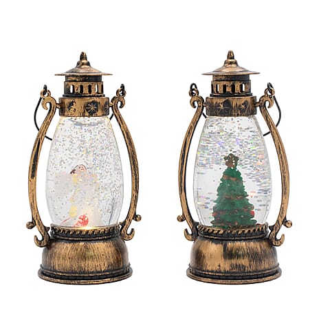 Set of 2 Christmas Tree Scene Light Up Lantern - Brown