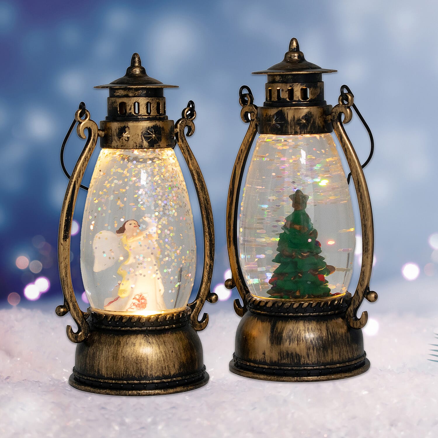 Set of 2 Christmas Tree Scene Light Up Lantern - Brown