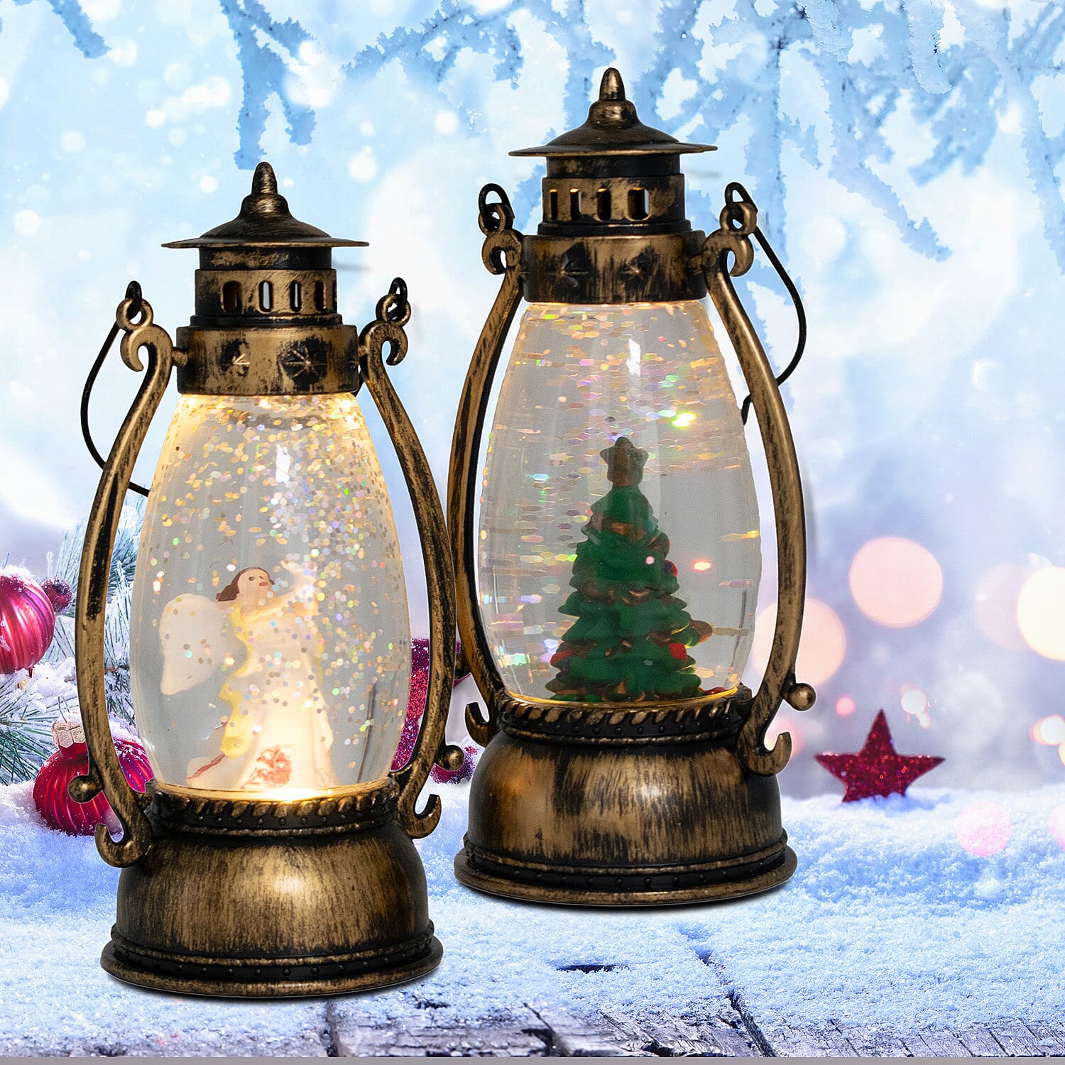 Set of 2 Christmas Tree Scene Light Up Lantern - Brown