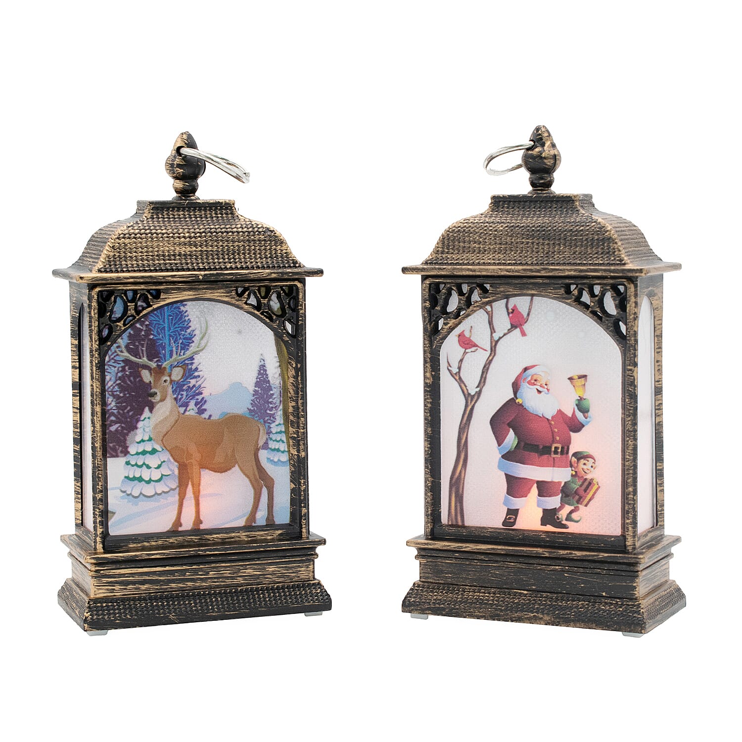 Set of 2 Mini Lantern Decorations with Reindeer & Santa Designs - Brown