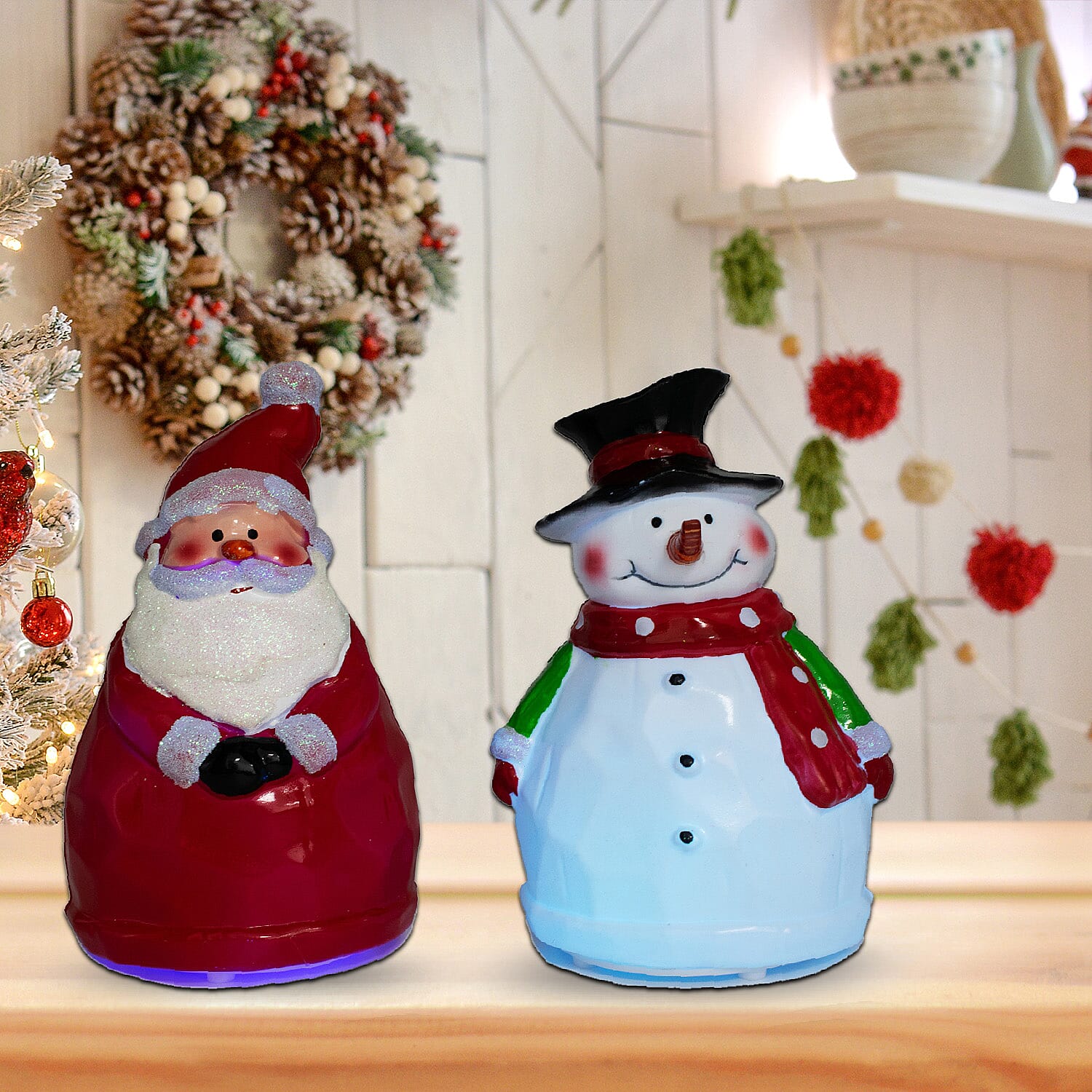 Set of 2 Colour Changing Santa and Snowman Christmas Decorations - Red & White