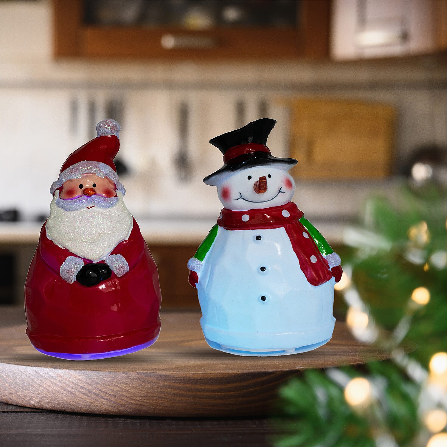 Set of 2 Colour Changing Santa and Snowman Christmas Decorations - Red & White