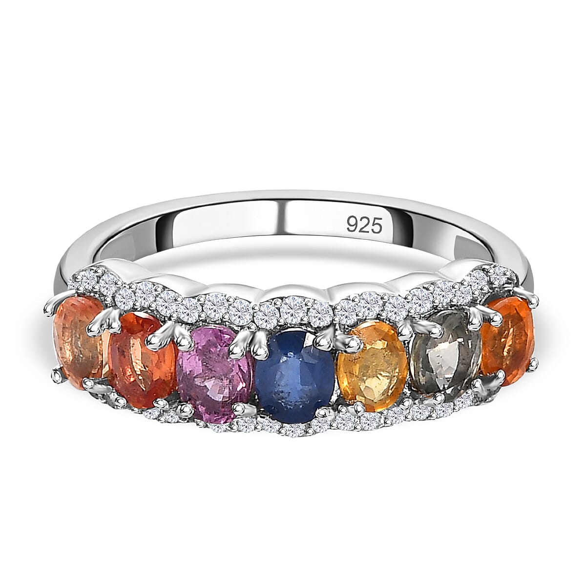 Rainbow Sapphire and Natural Zircon Half-Eternity Cluster Band Ring in Platinum Overlay Sterling Silver 2.15 Ct
