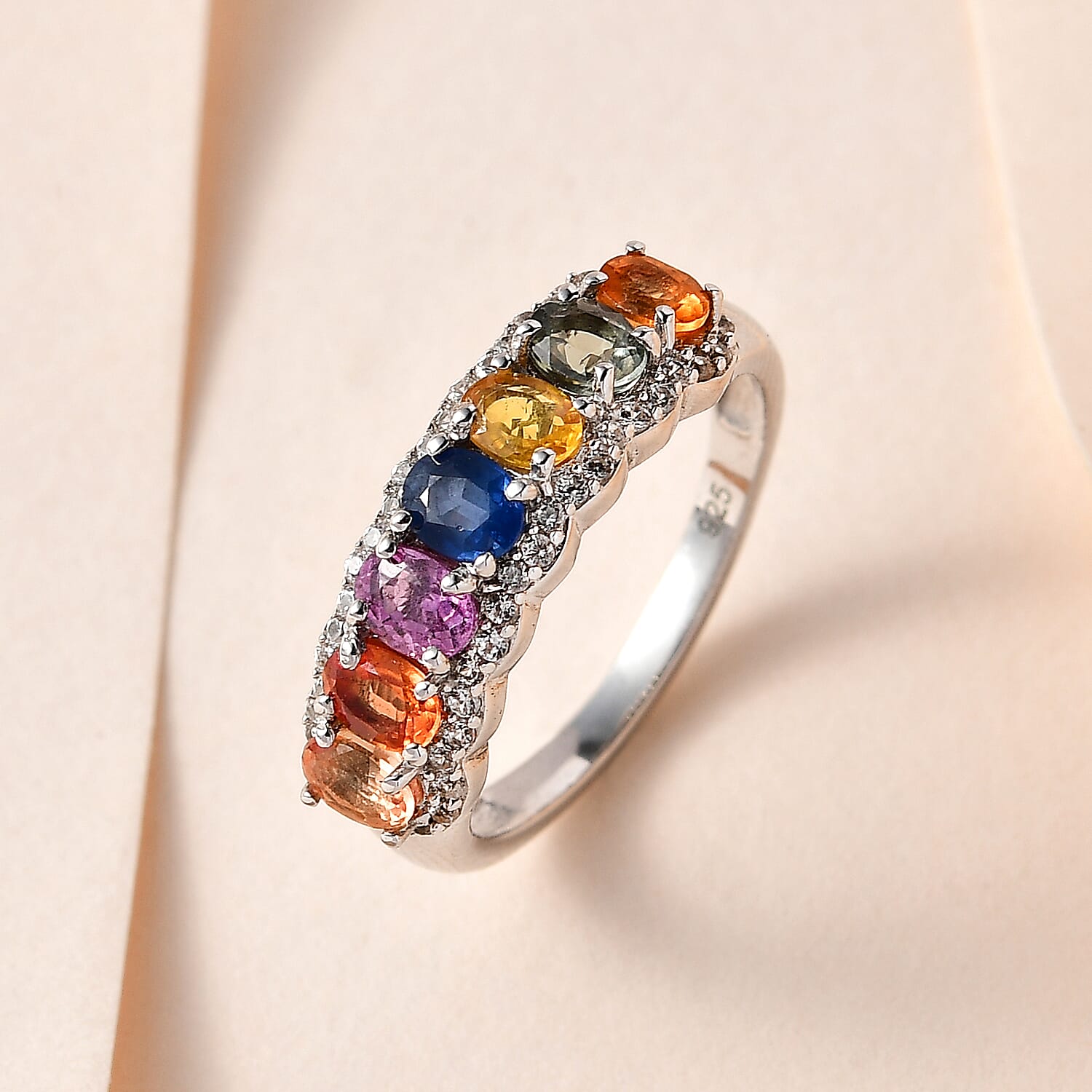 Rainbow Sapphire and Natural Zircon Half-Eternity Cluster Band Ring in Platinum Overlay Sterling Silver 2.15 Ct