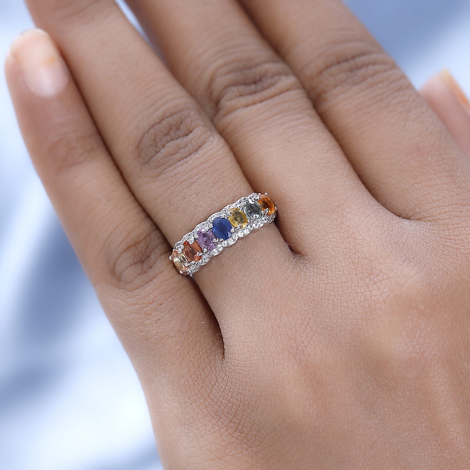 Rainbow Sapphire and Natural Zircon Half-Eternity Cluster Band Ring in Platinum Overlay Sterling Silver 2.15 Ct