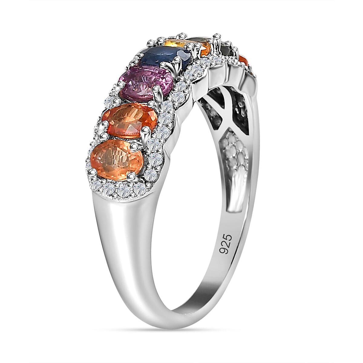 Rainbow Sapphire and Natural Zircon Half-Eternity Cluster Band Ring in Platinum Overlay Sterling Silver 2.15 Ct