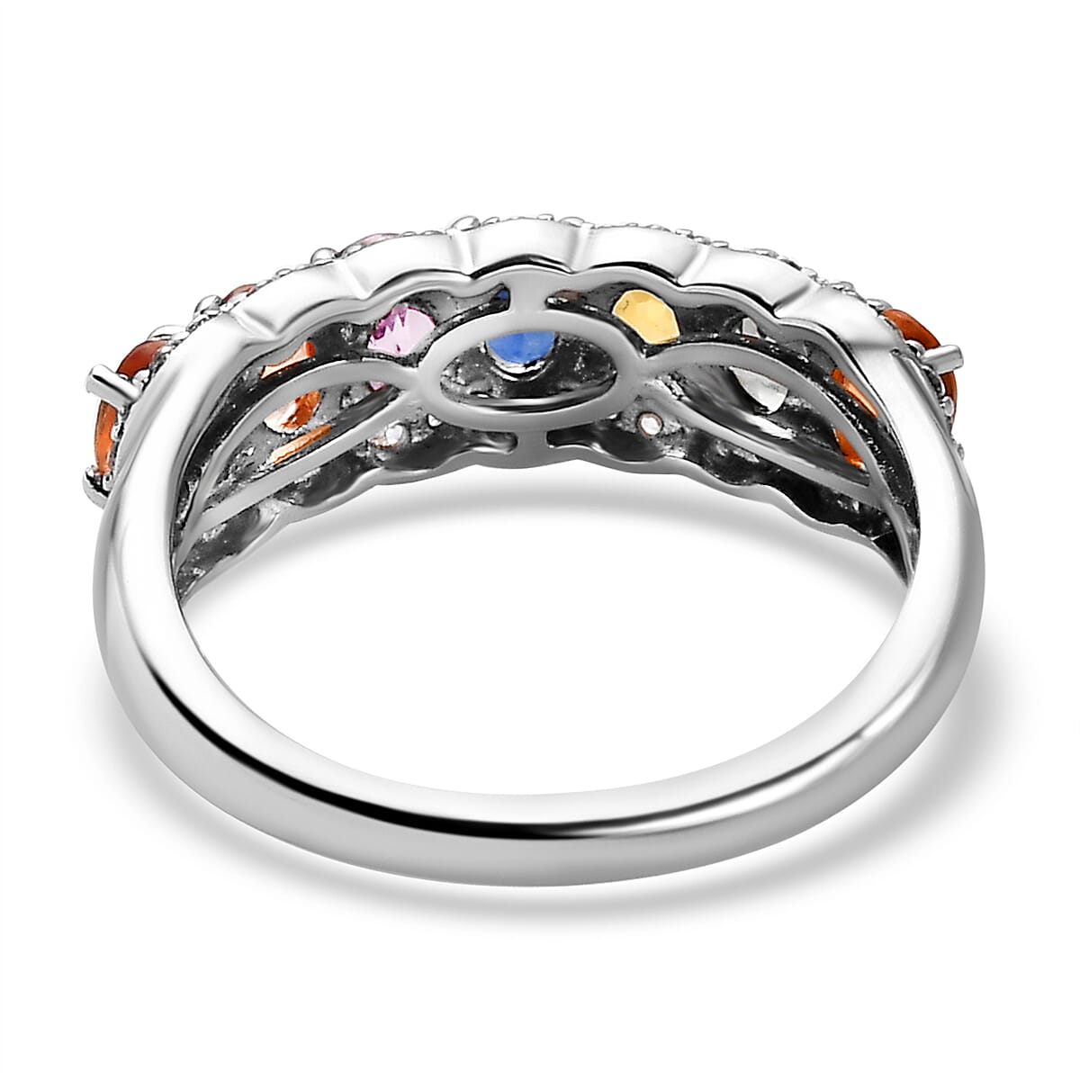 Rainbow Sapphire and Natural Zircon Half-Eternity Cluster Band Ring in Platinum Overlay Sterling Silver 2.15 Ct