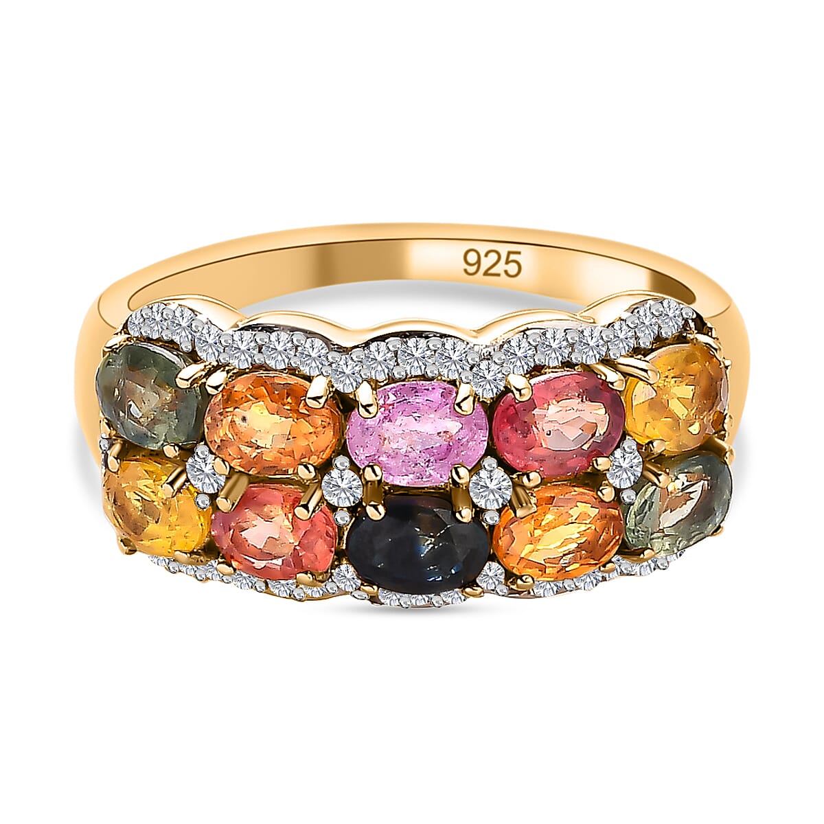 Rainbow Sapphire and Natural Zircon Cluster Ring in 18K Vermeil Yellow Gold Plated Sterling Silver 2.40 Ct.