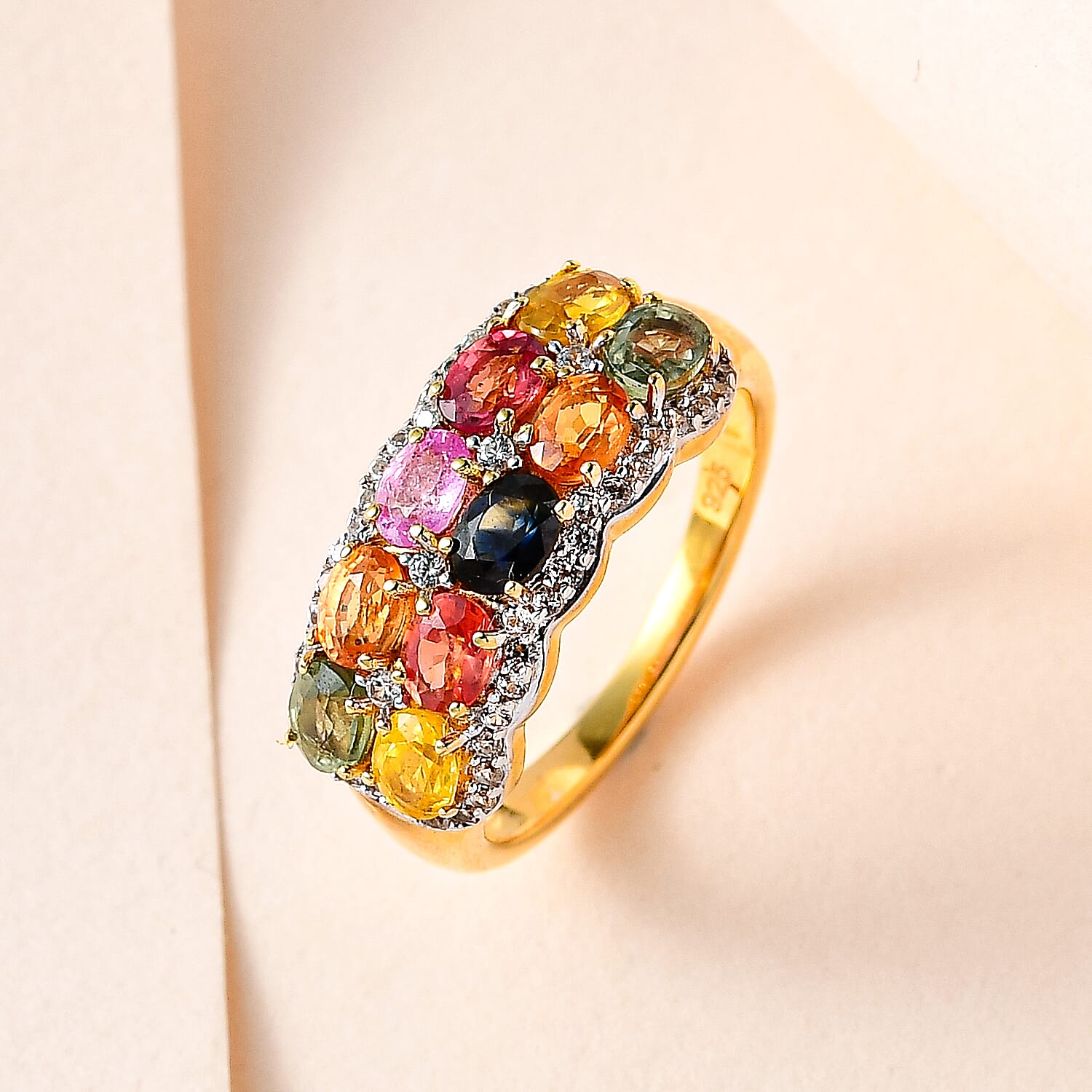 Rainbow Sapphire and Natural Zircon Cluster Ring in 18K Vermeil Yellow Gold Plated Sterling Silver 2.40 Ct.