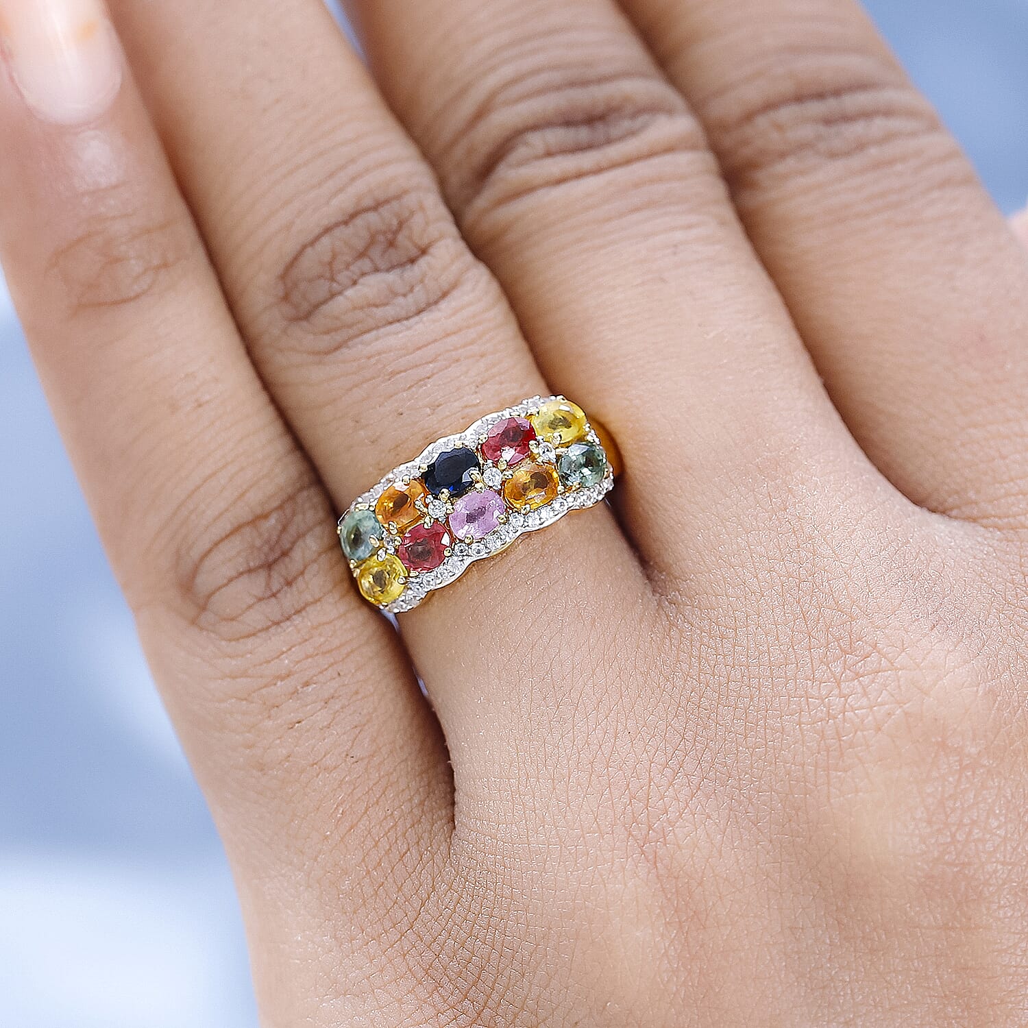 Rainbow Sapphire and Natural Zircon Cluster Ring in 18K Vermeil Yellow Gold Plated Sterling Silver 2.40 Ct.