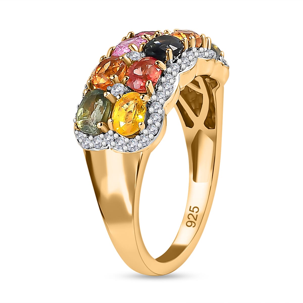 Rainbow Sapphire and Natural Zircon Cluster Ring in 18K Vermeil Yellow Gold Plated Sterling Silver 2.40 Ct.