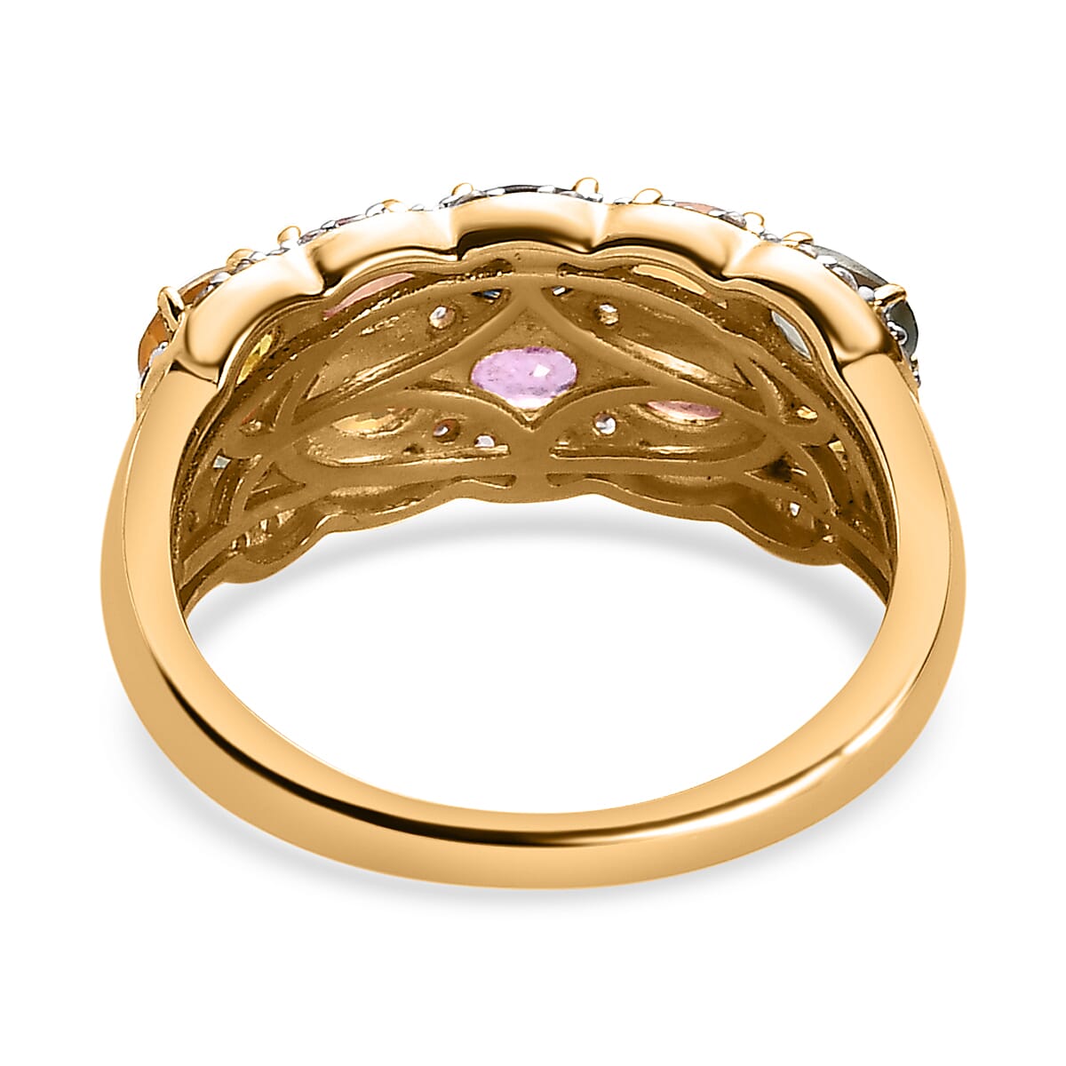 Rainbow Sapphire and Natural Zircon Cluster Ring in 18K Vermeil Yellow Gold Plated Sterling Silver 2.40 Ct.