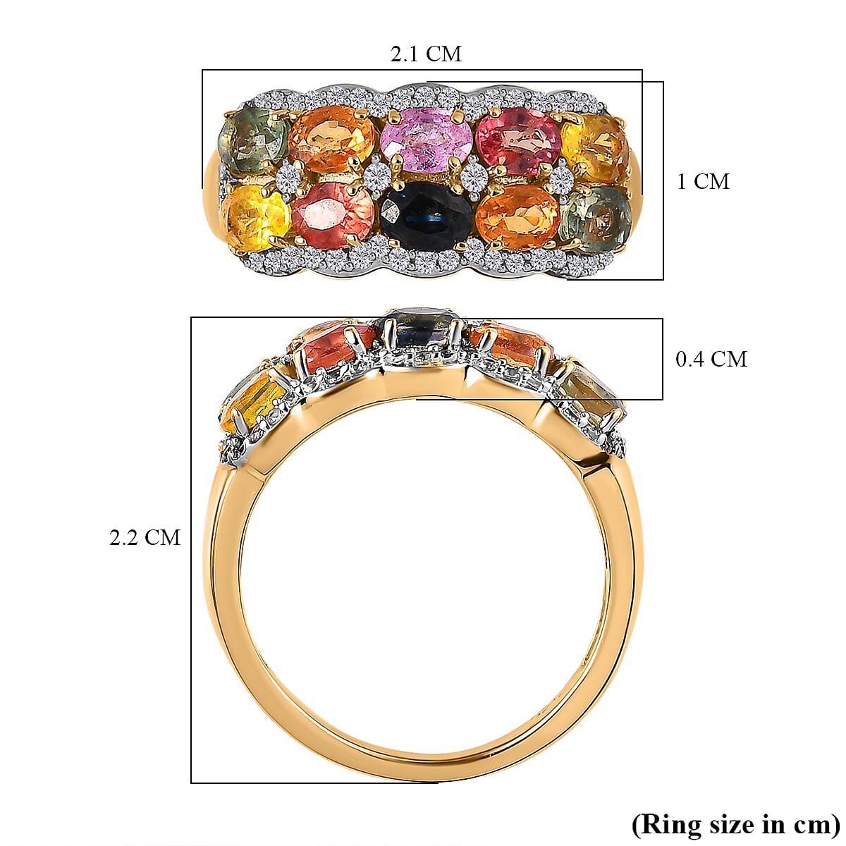Rainbow Sapphire and Natural Zircon Cluster Ring in 18K Vermeil Yellow Gold Plated Sterling Silver 2.40 Ct.