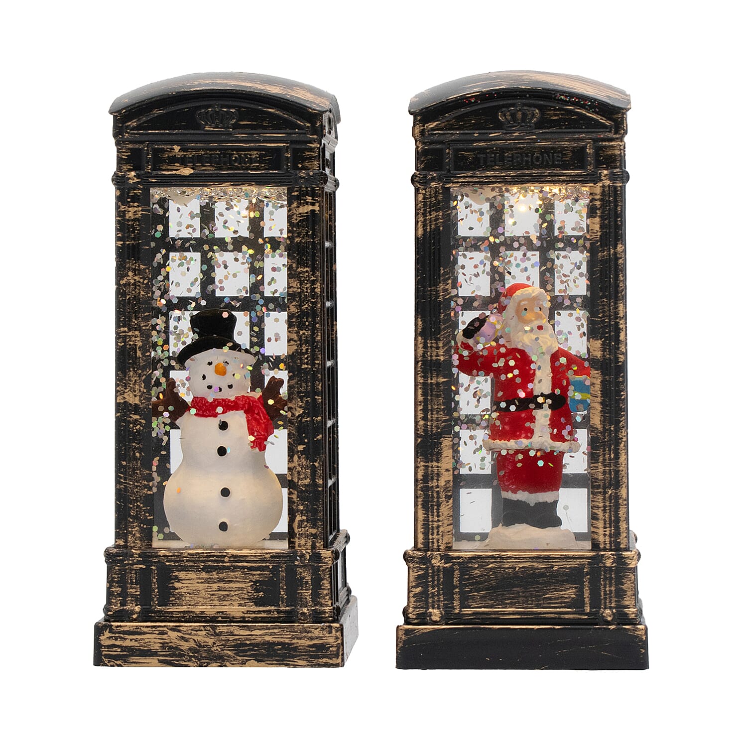 Set of 2 Light Up Telephone Box Christmas Decoration (Santa & Snowman) - Brown