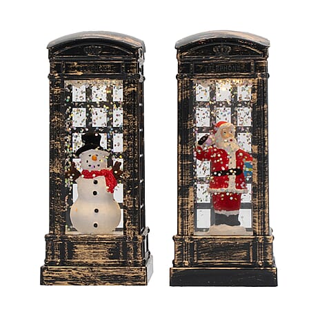 Set of 2 Light Up Telephone Box Christmas Decoration (Santa - Snowman) - Brown