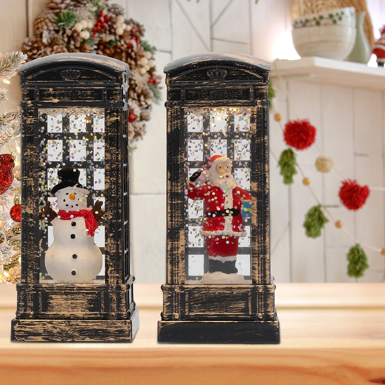 Set of 2 Light Up Telephone Box Christmas Decoration (Santa & Snowman) - Brown