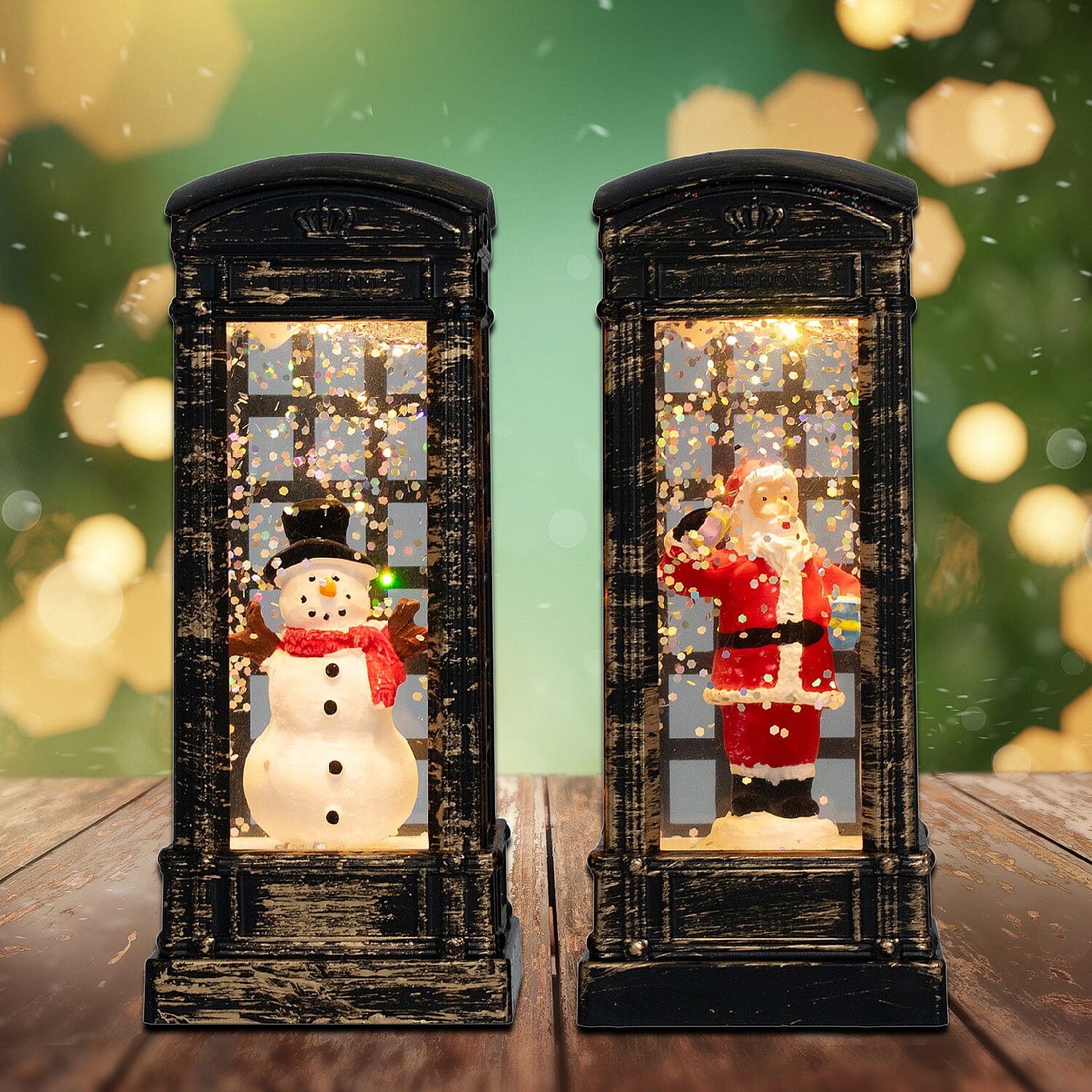 Set of 2 Light Up Telephone Box Christmas Decoration (Santa & Snowman) - Brown