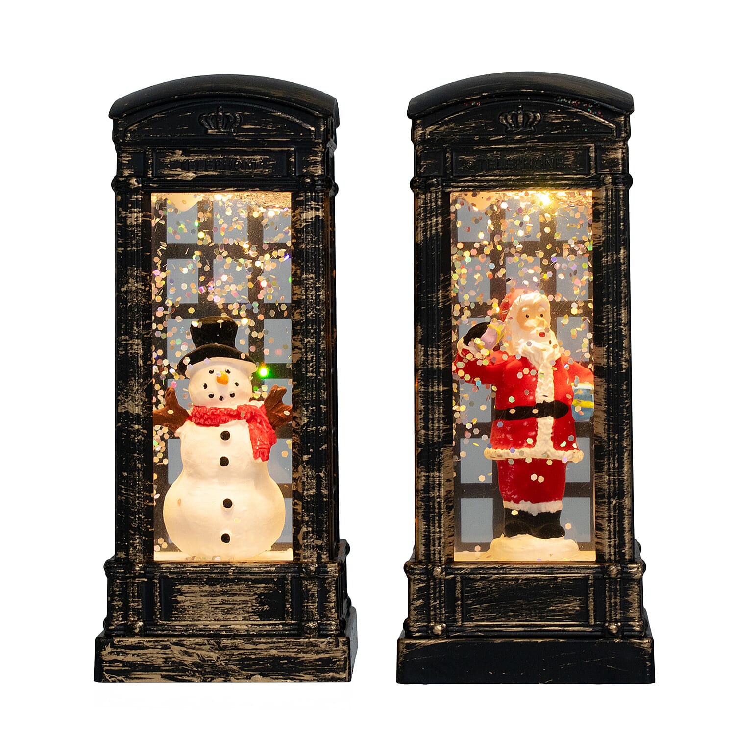 Set of 2 Light Up Telephone Box Christmas Decoration (Santa & Snowman) - Brown