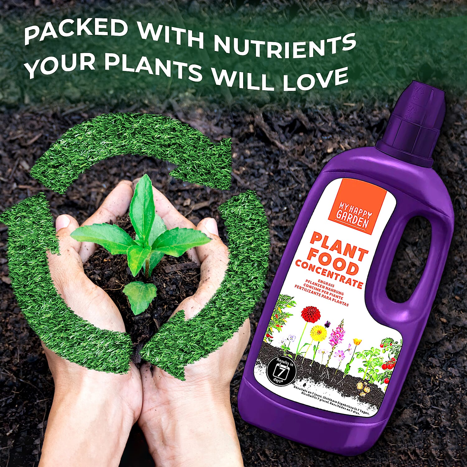 Happy Garden 7 Day Liquid Plant food - (1L Concentrated) - Healthy Growth and Robust Blooms - Mix 1-4L to 1L Water. Blend Of Nutrients. Nitrogen, Potassium, Phosphorus, Magnesium, Fertiliser