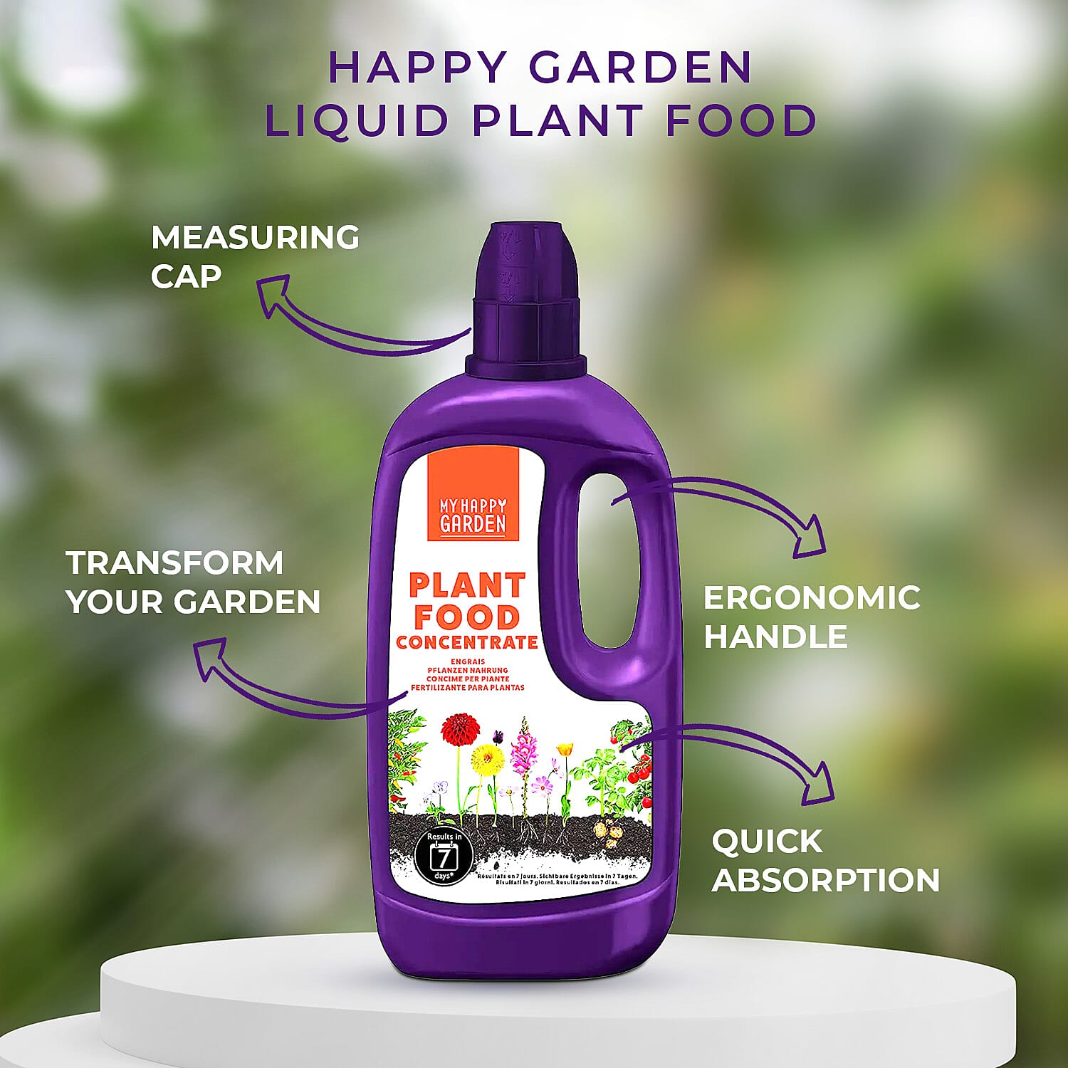 Happy Garden 7 Day Liquid Plant food - (1L Concentrated) - Healthy Growth and Robust Blooms - Mix 1-4L to 1L Water. Blend Of Nutrients. Nitrogen, Potassium, Phosphorus, Magnesium, Fertiliser
