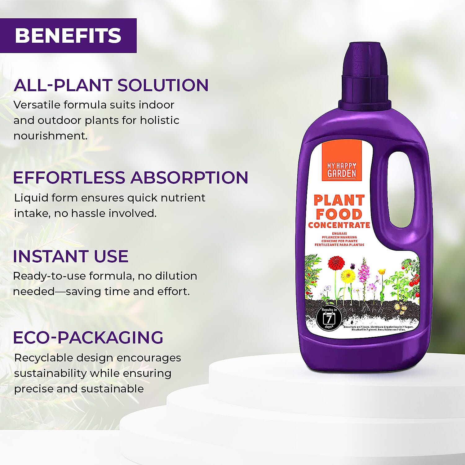 Happy Garden 7 Day Liquid Plant food - (1L Concentrated) - Healthy Growth and Robust Blooms - Mix 1-4L to 1L Water. Blend Of Nutrients. Nitrogen, Potassium, Phosphorus, Magnesium, Fertiliser