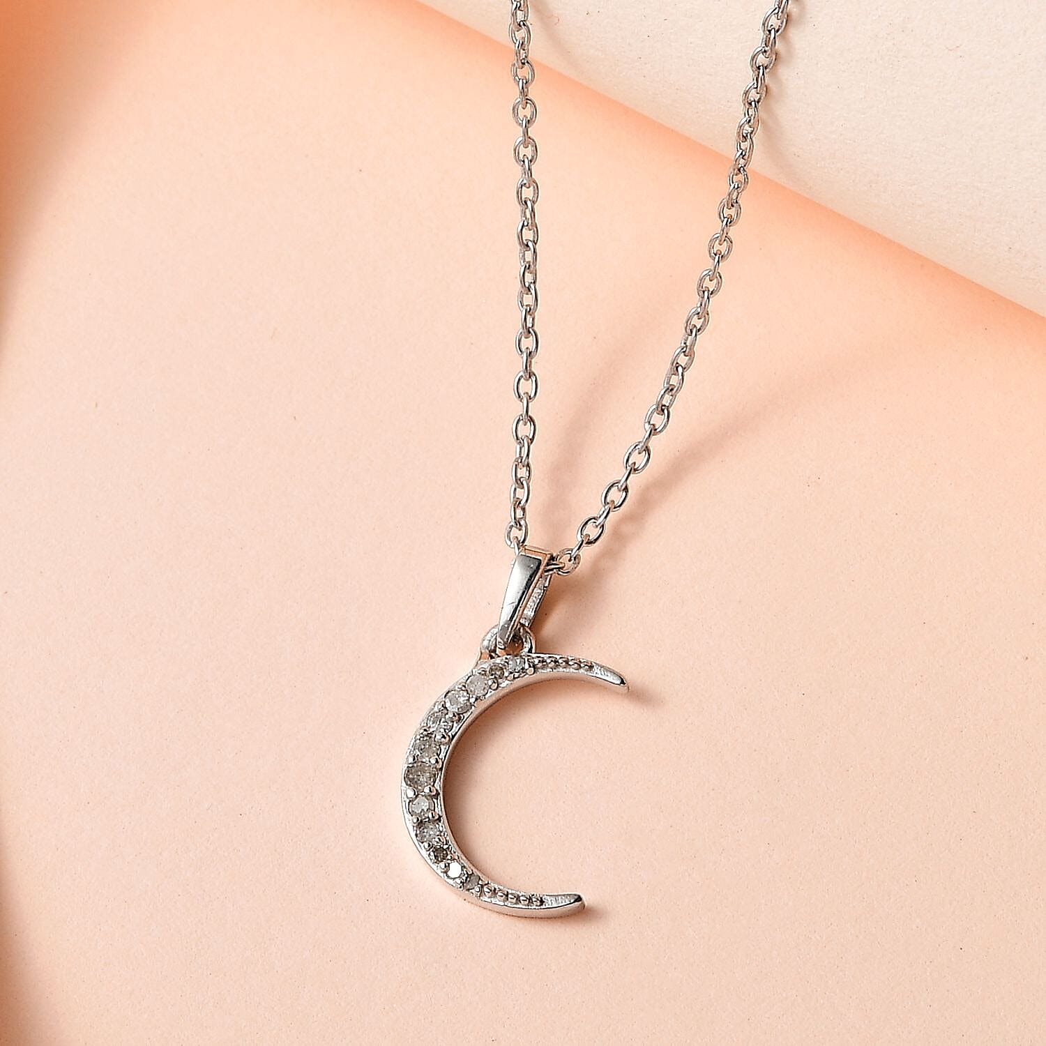 Diamond Moon & Star Necklace (Size - 18) in Platinum Overlay Sterling Silver