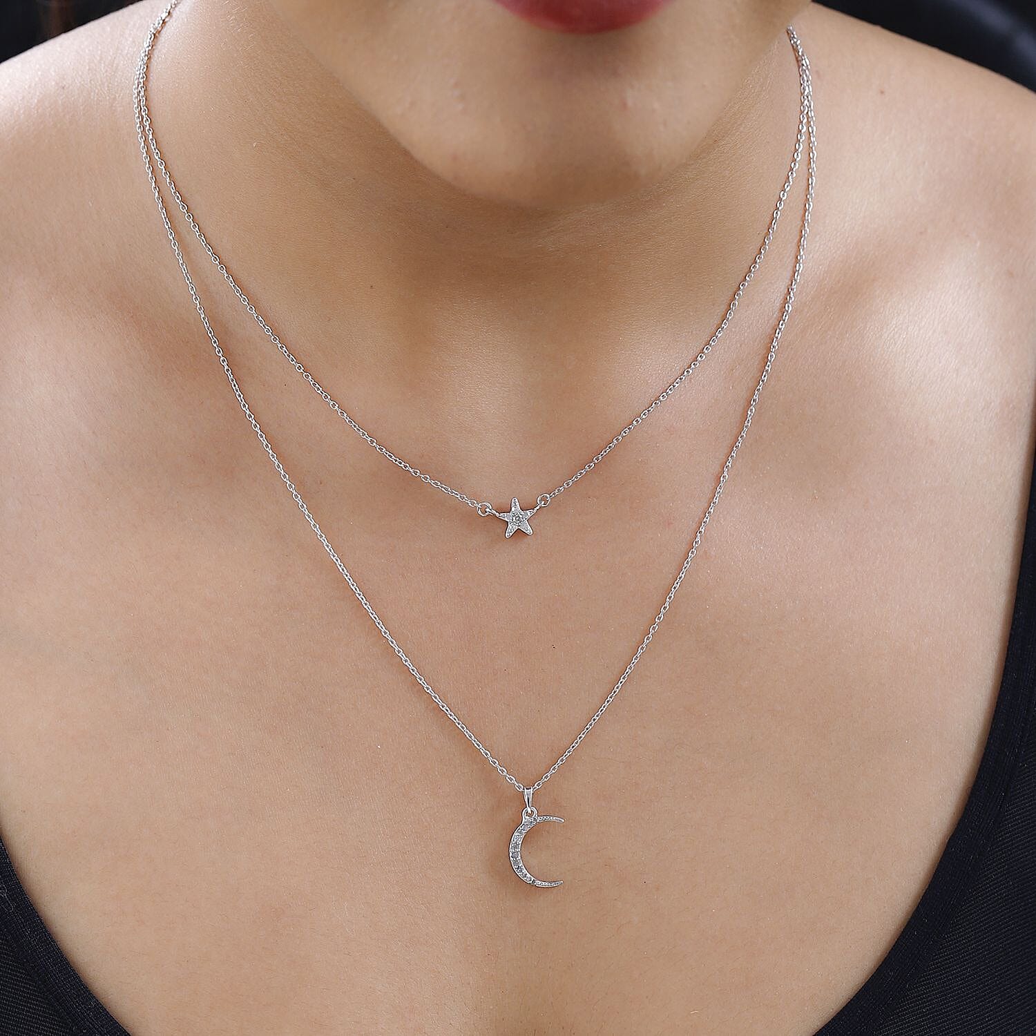 Diamond Moon & Star Necklace (Size - 18) in Platinum Overlay Sterling Silver