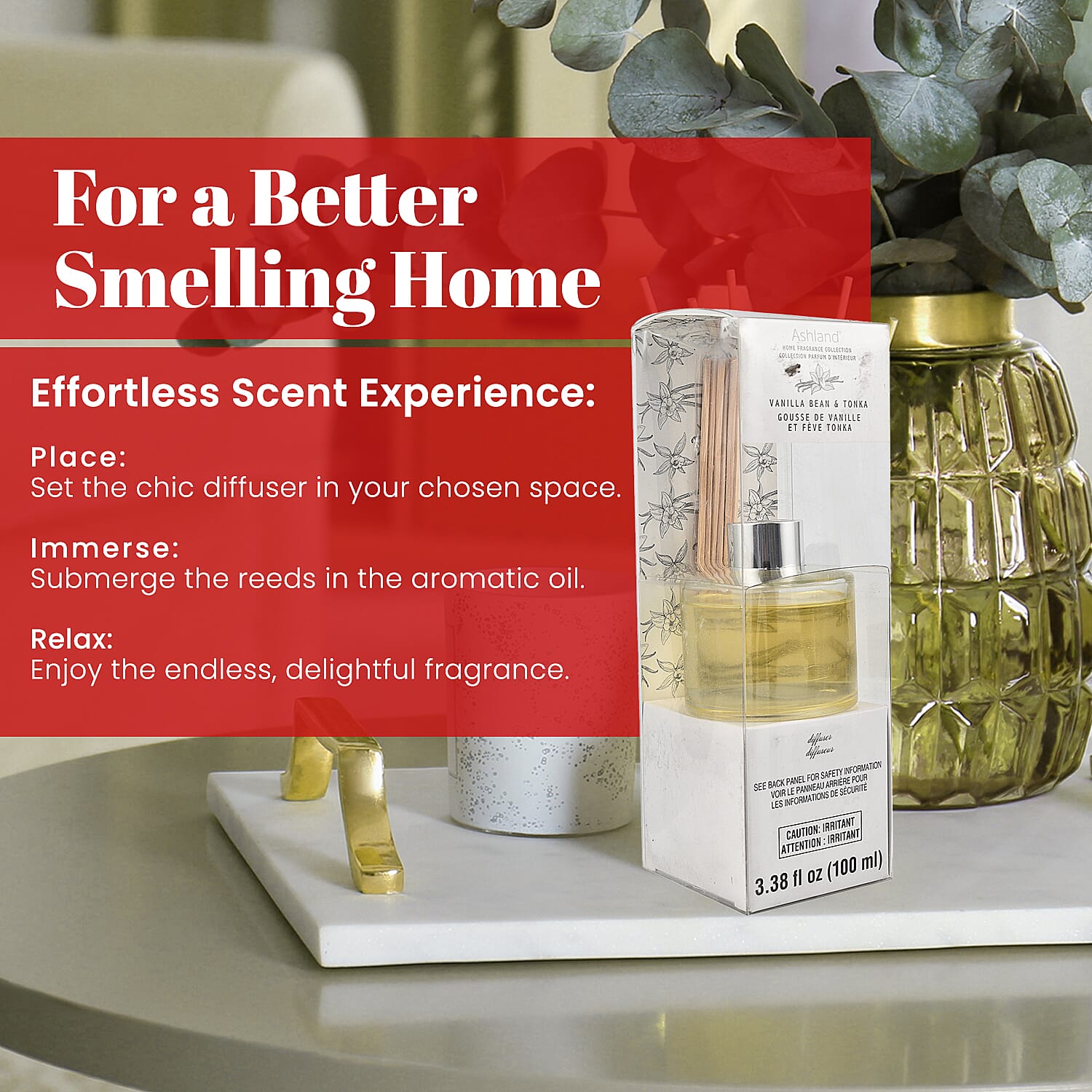 Reed Diffuser in Glass Jar with 7 Reeds Sticks (100ml) - Vanilla Bean & Tonka