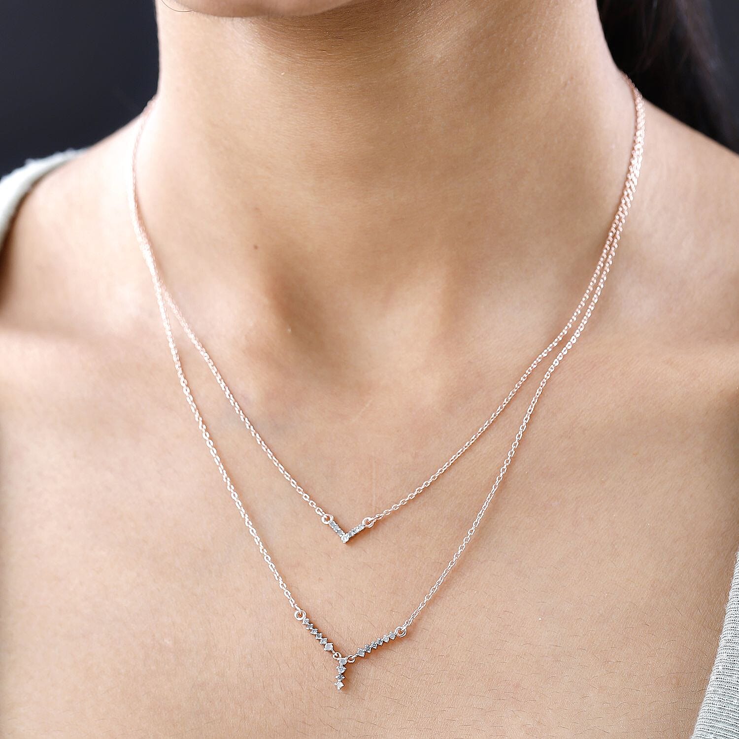 Diamond Necklace (Size - 18) in 18K Vermeil Rose Gold Sterling Silver 0.26 Ct