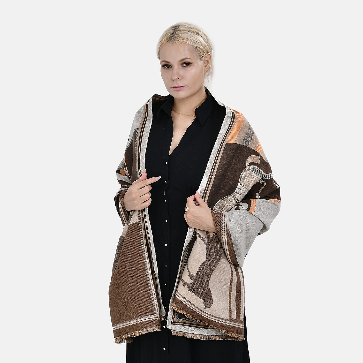 Closeout Deal New Arrival Horse Pattern Jacquard Scarf (Size 185x67 cm) - Brown