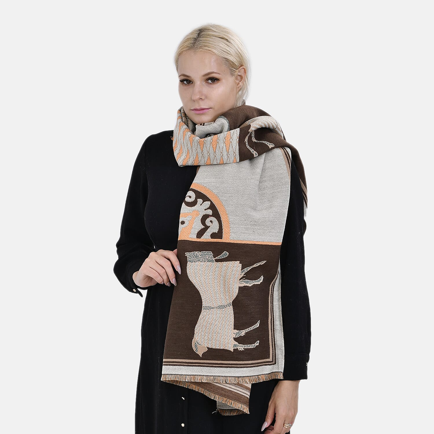 Closeout Deal New Arrival Horse Pattern Jacquard Scarf (Size 185x67 cm) - Brown