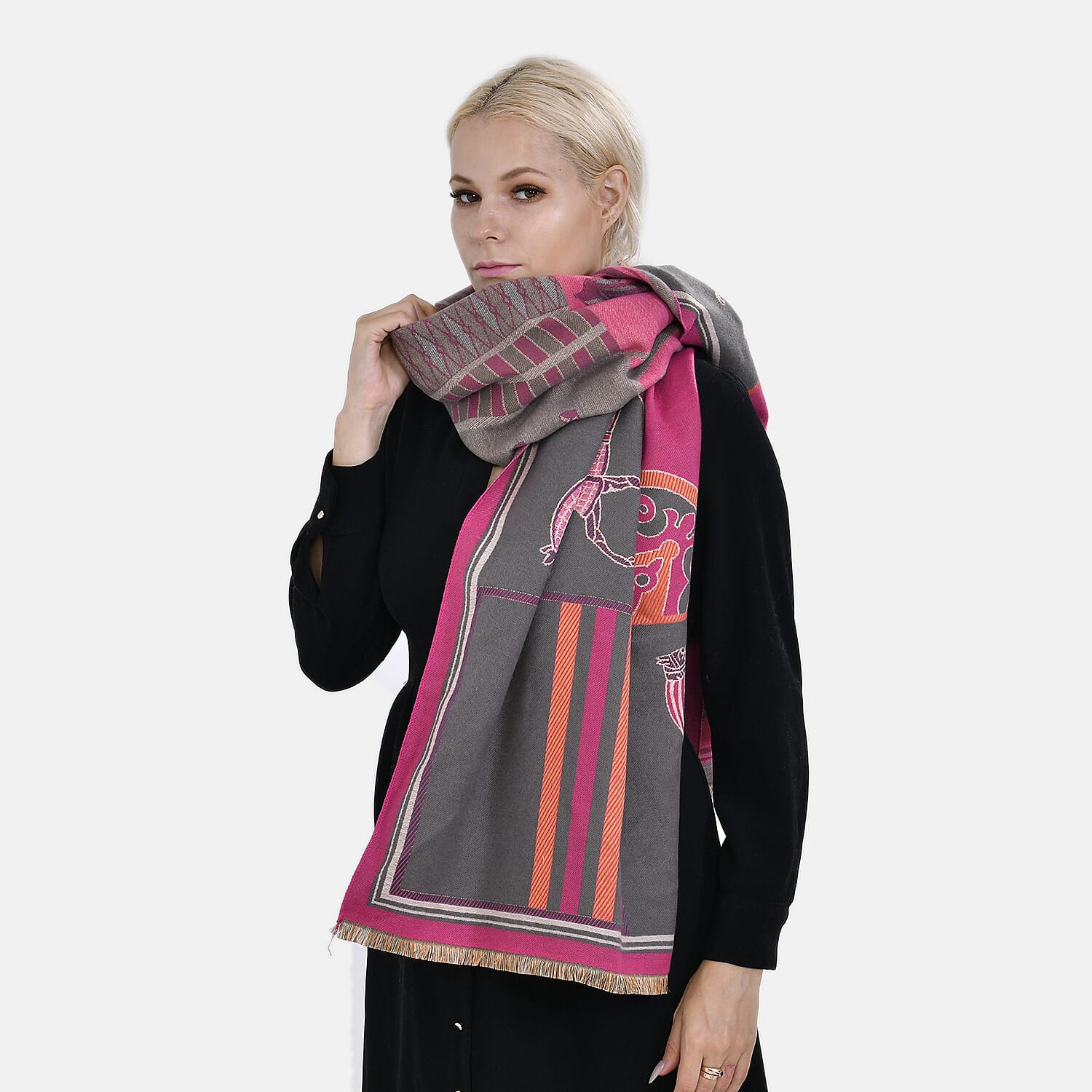 Closeout Deal New Arrival Horse Pattern Jacquard Scarf (Size 185x67 cm) - Fuchsia