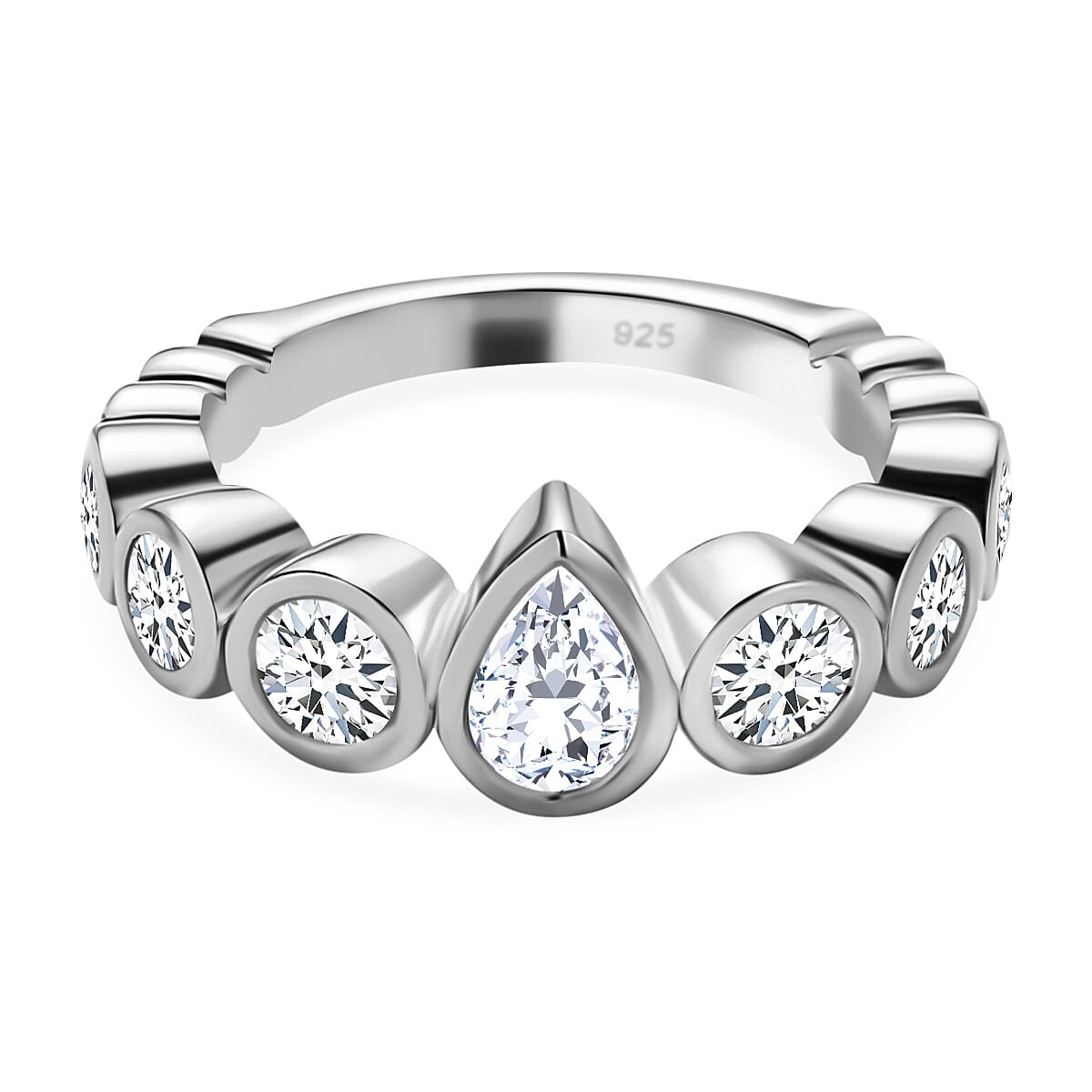 Moissanite 7 Stone Band Ring in Platinum Overlay Sterling Silver 1.36 Ct.