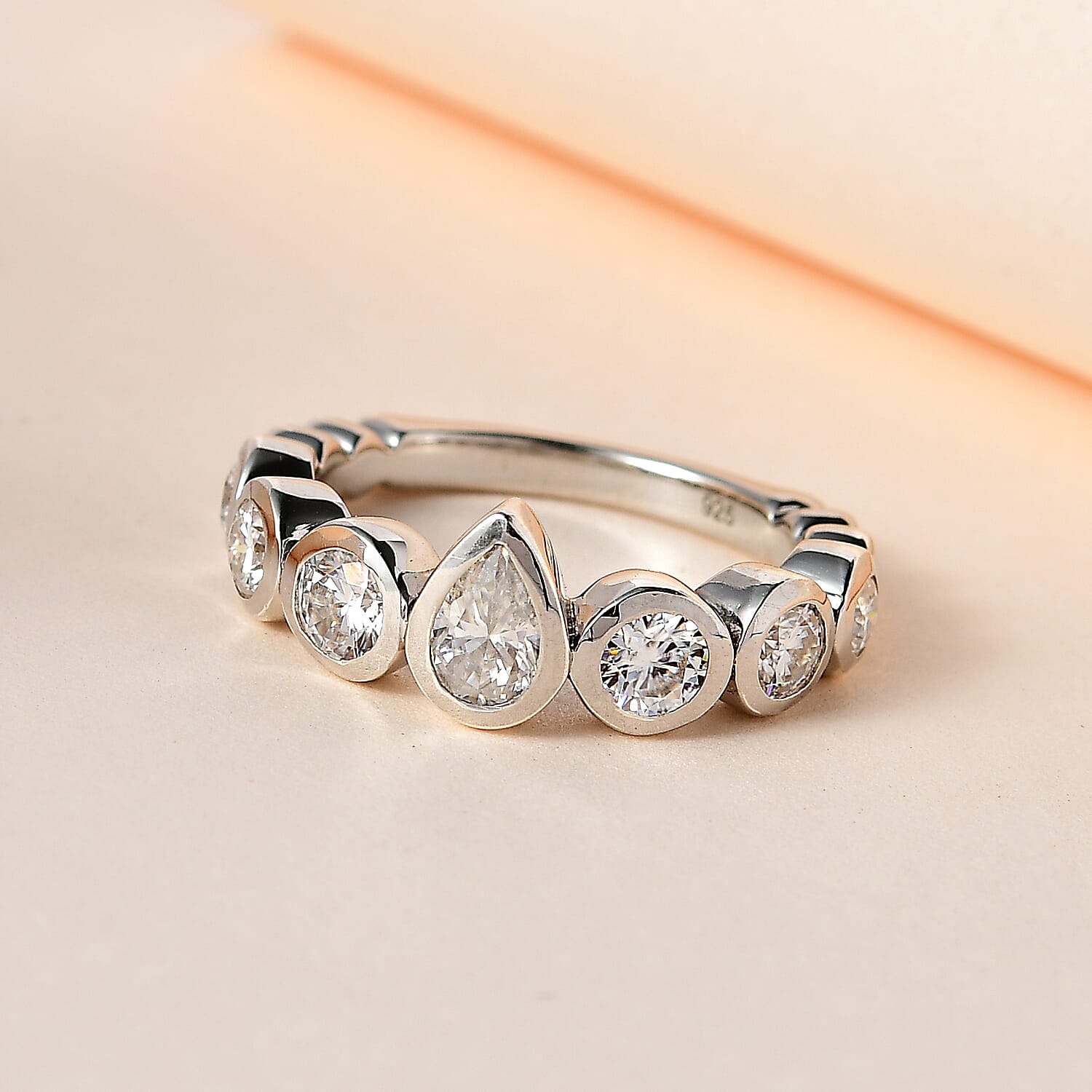 Moissanite 7 Stone Band Ring in Platinum Overlay Sterling Silver 1.36 Ct.