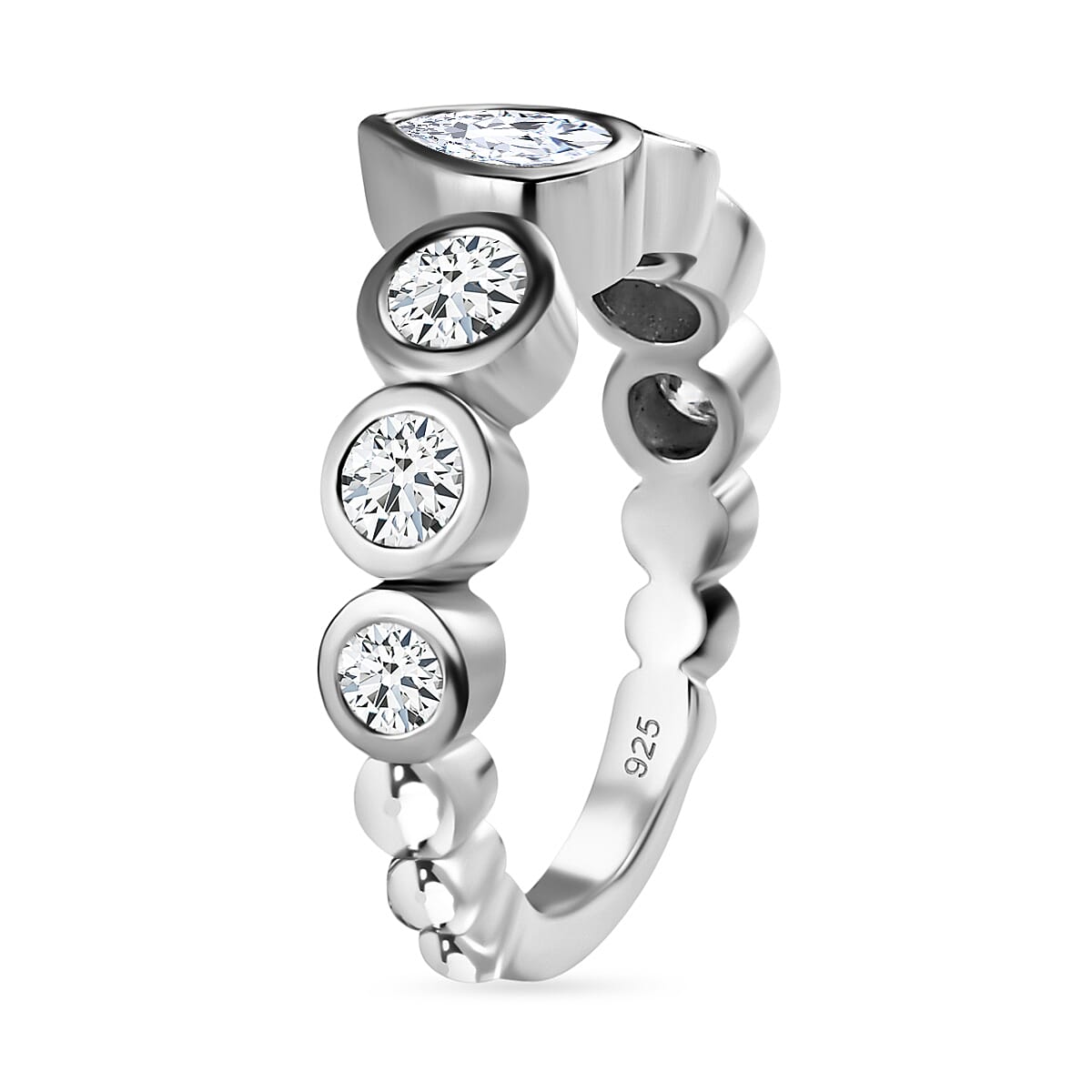 Moissanite 7 Stone Band Ring in Platinum Overlay Sterling Silver 1.36 Ct.
