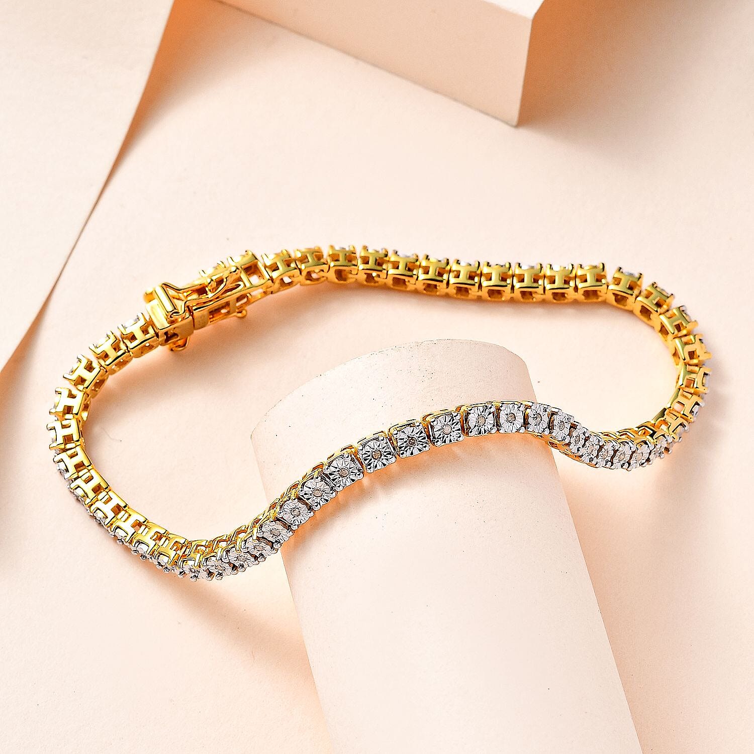 Diamond Tennis Bracelet (Size - 7.5) in 18K Vermeil Yellow Gold Plated Sterling Silver 0.25 Ct,Silver Wt. 12.11 GM