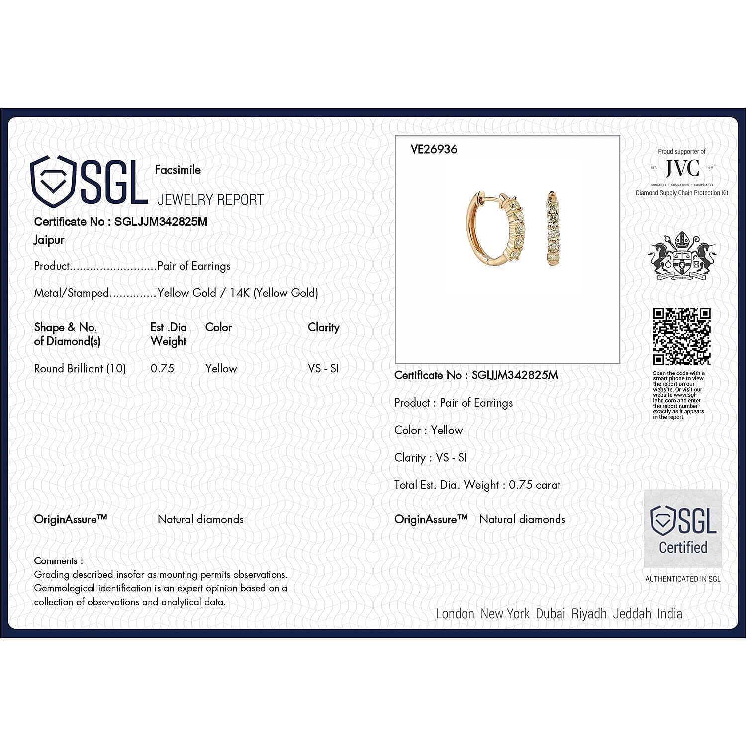 14K Yellow Gold Natural Yellow Diamond (VS-SI) Hoop Earrings 0.75 Ct