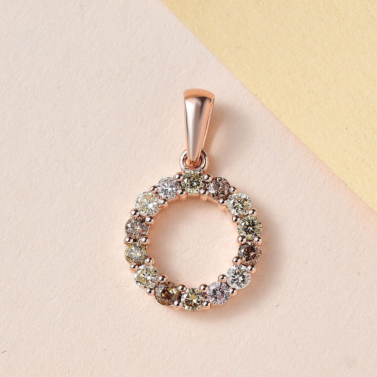 14K Rose Gold Pink, Champagne and Natural Yellow Diamond Circle Pendant 0.50 Ct
