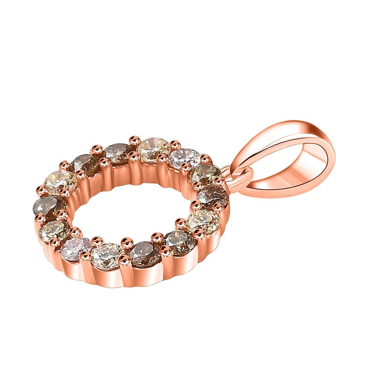 14K Rose Gold Pink, Champagne and Natural Yellow Diamond Circle Pendant 0.50 Ct