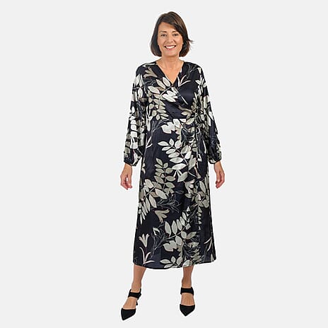 Flower Digital Printed V Neck Wrap Dress (Size - S) - White - Black