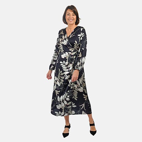 Printed Satin Wrap Dress (Size-M) - White & Black