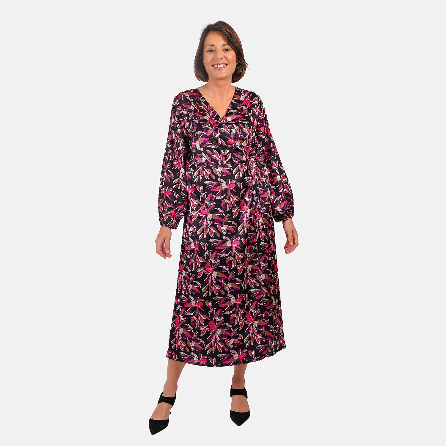 Flower Digital Printed Satin Wrap Dress (Size-S) - Pink & Purple