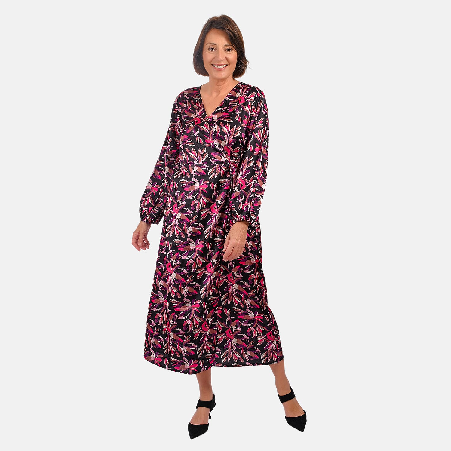 Flower Digital Printed Satin Wrap Dress (Size-S) - Pink & Purple