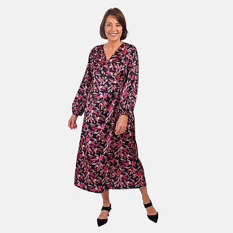 Flower Digital Printed Satin Wrap Dress (Size-S) - Pink - Purple