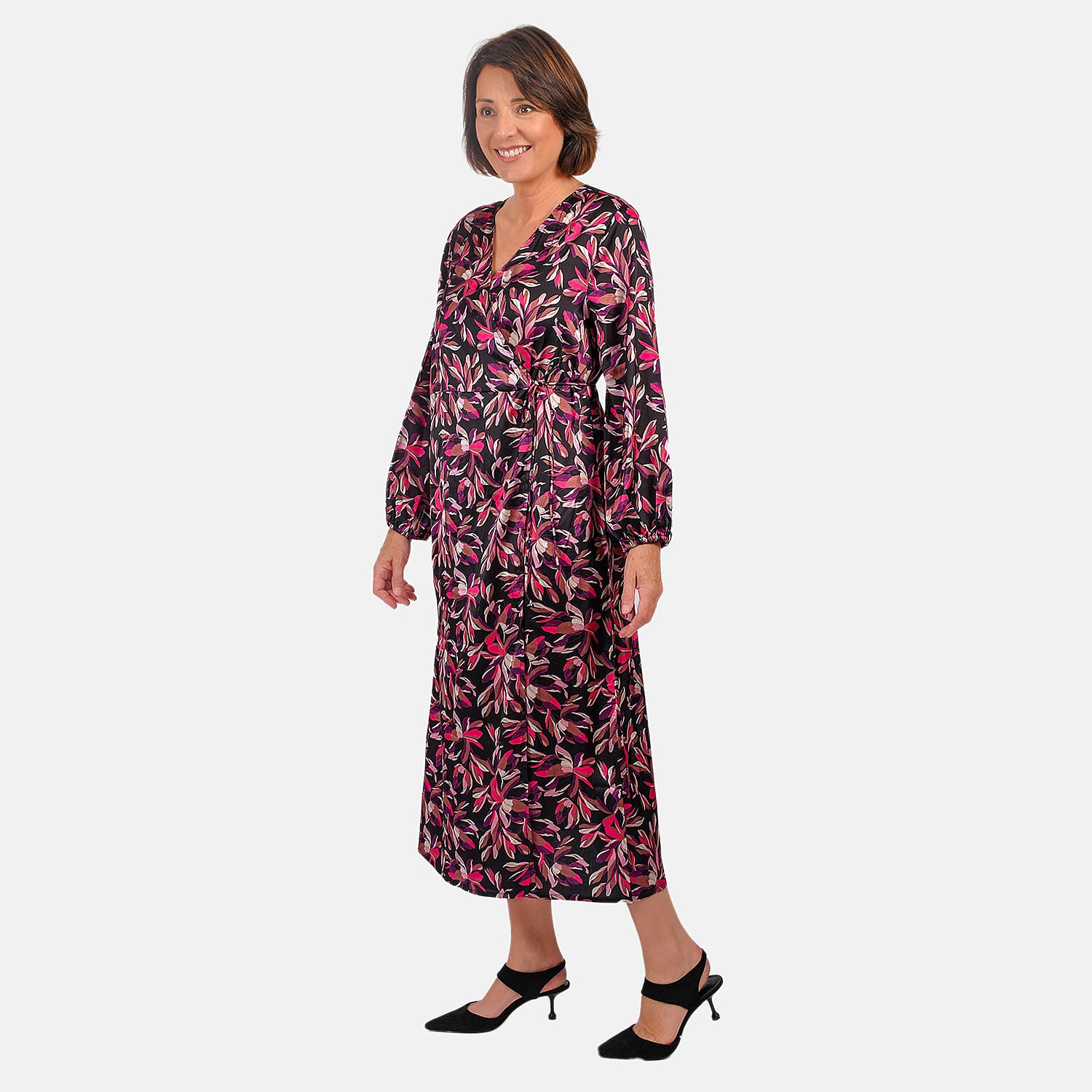 Flower Digital Printed Satin Wrap Dress (Size-S) - Pink & Purple