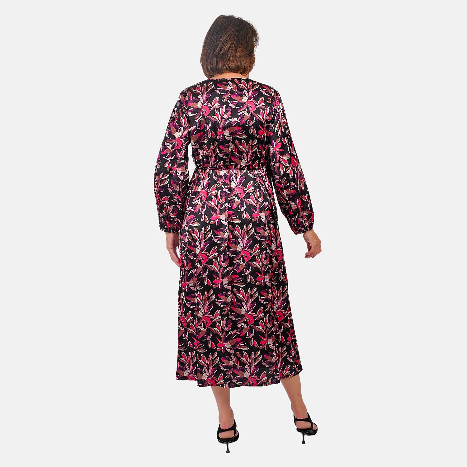 Flower Digital Printed Satin Wrap Dress (Size-S) - Pink & Purple