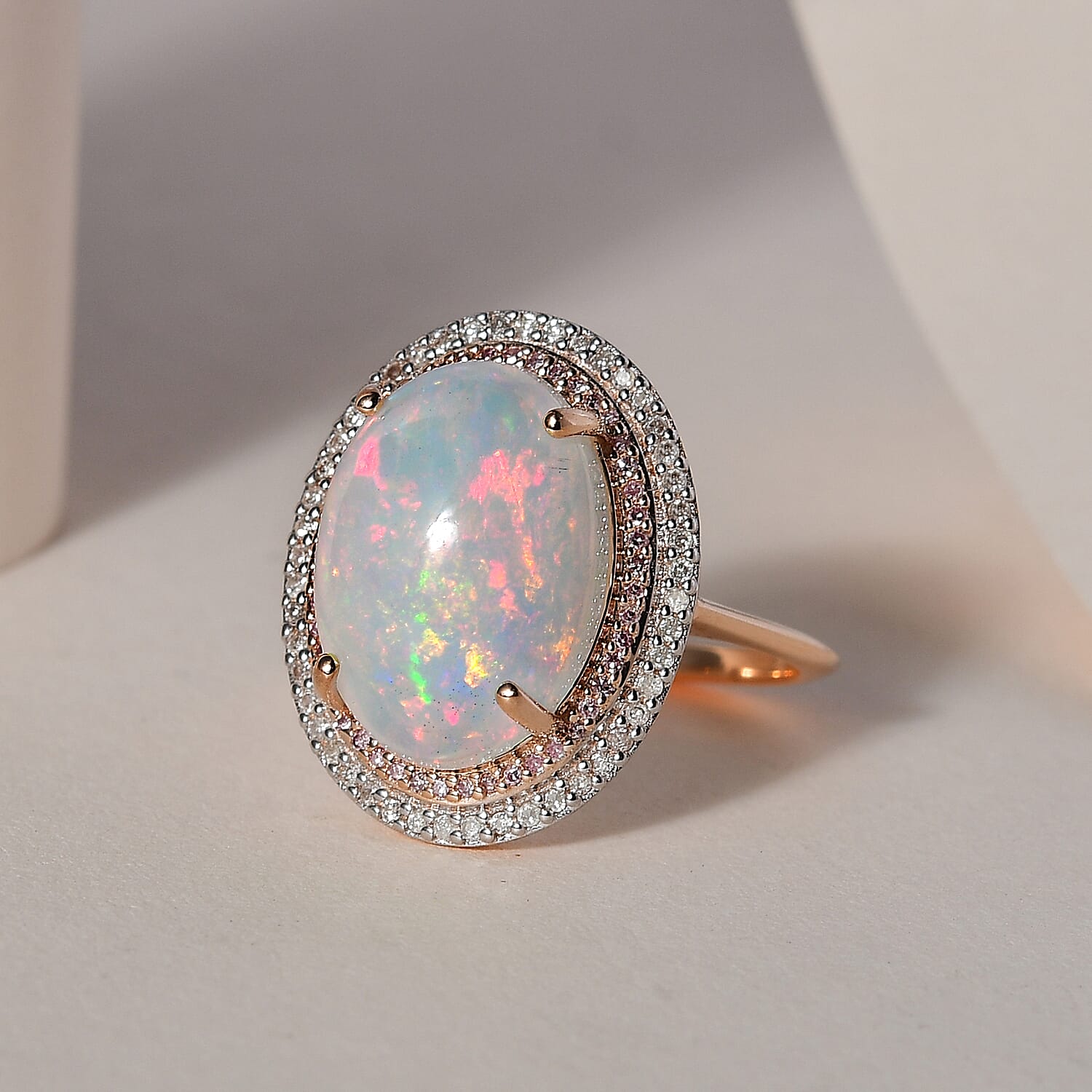 9K Rose Gold AAA Ethiopian Welo Opal, Natural Pink Diamond & White Diamond Ring 3.64 Ct.