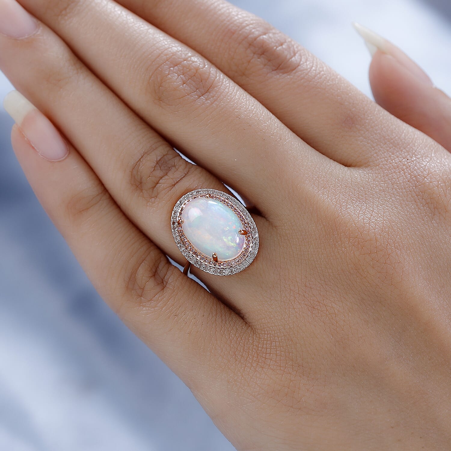 9K Rose Gold AAA Ethiopian Welo Opal, Natural Pink Diamond & White Diamond Ring 3.64 Ct.