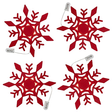 Set of 4 Christmas Felt Snowflake Table Decoration (Battery Operated) - Red